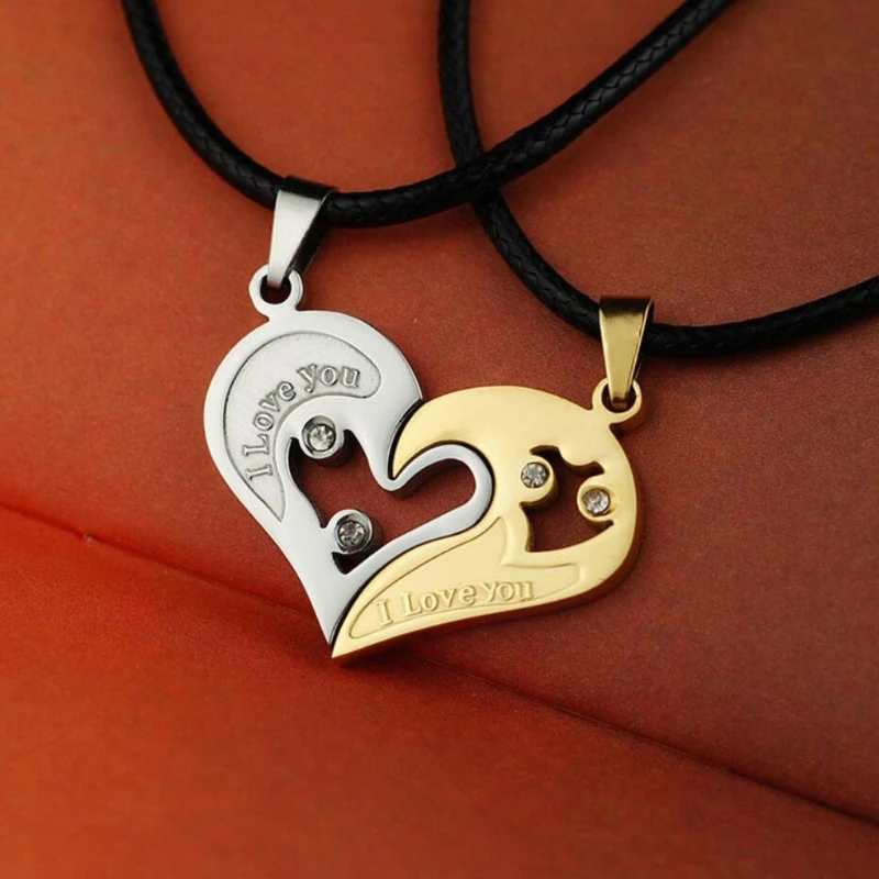 

2PCS Couple Stainless Steel Necklace Sets I Love You Heart Shape Pendant Jewelry