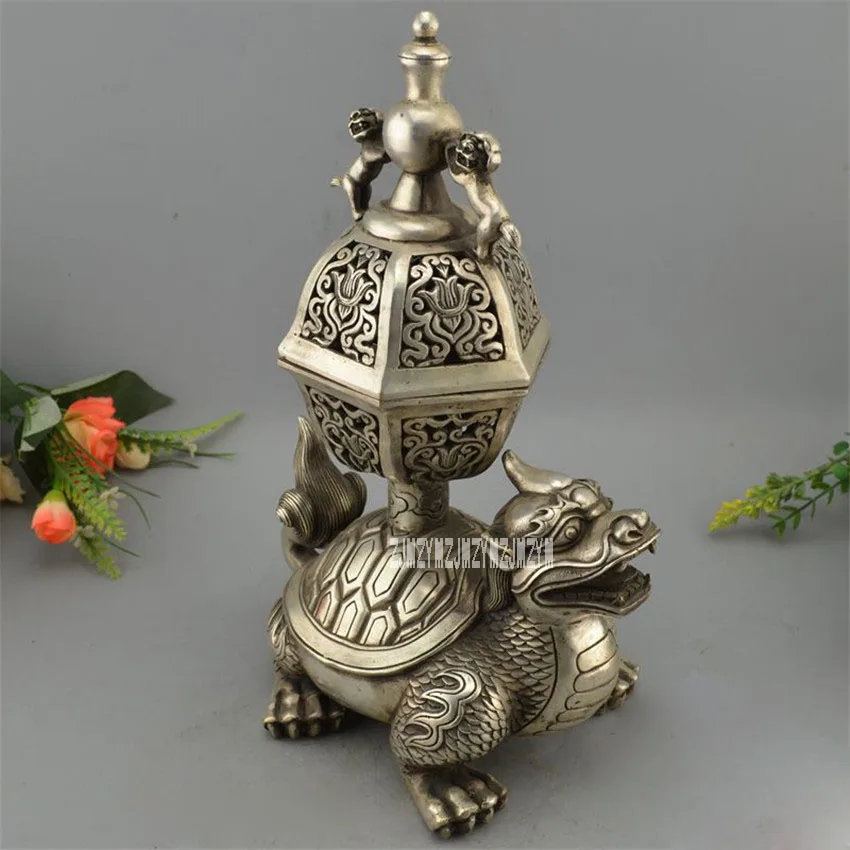 

Copper Plated Silver Ornaments Buddhist Temple Incense Burner Carved Dragon Turtle Lion Incense Burner / Metal Censer Hot Sale