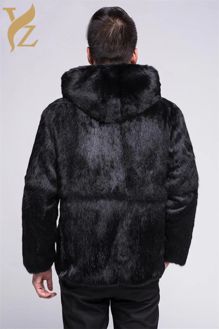 Натуральное пальто из кроличьего меха, мужское теплое зимнее пальто с капюшоном из кроличьего меха, пальто из натурального меха, Роскошная Одежда