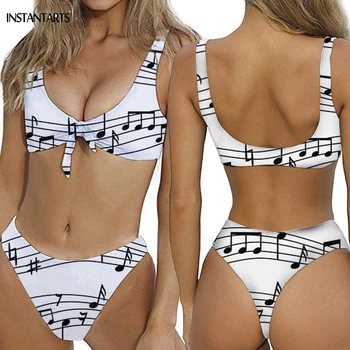 

INSTANTARTS White 3D Music Notes Print Women Bow Tie Swimming Suits Bathing Beachwear Summer Sexy Push Up Bikini Set for Female