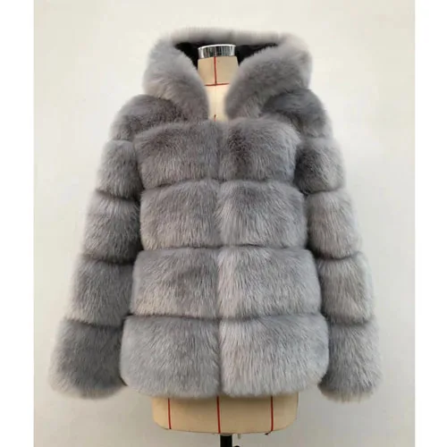 Savabien Womens Faux Fur Coat Thick Warm Furs Long Sleeve Hooded Furry Faux Fur Jacket Winter Black Red Jacket Luxury Coat - Цвет: Light Gray