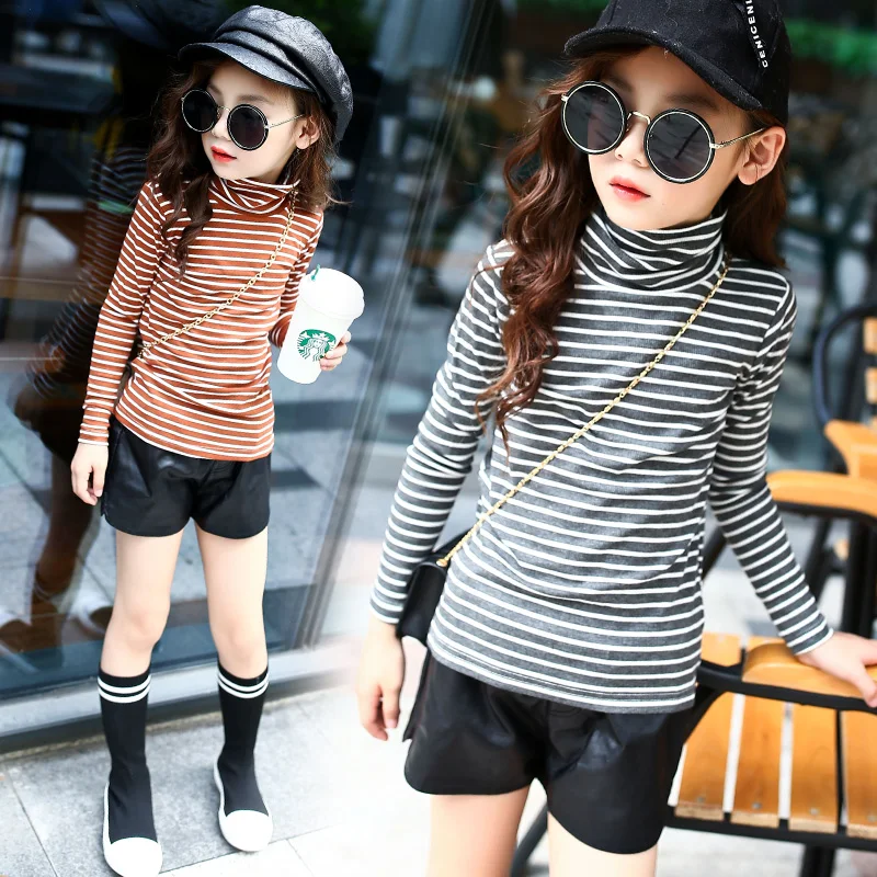 Girls' Turtleneck Tops Long Sleeve Striped Blouses Fall Winter Kids