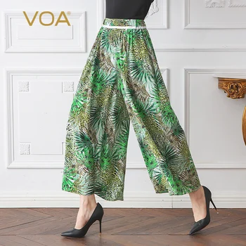 

VOA 2018 Spring Summer New Green Plus Size Casual Loose Beach Long Wide Leg Pants Silk Mid Waist Print Boho Women Trouser K2163