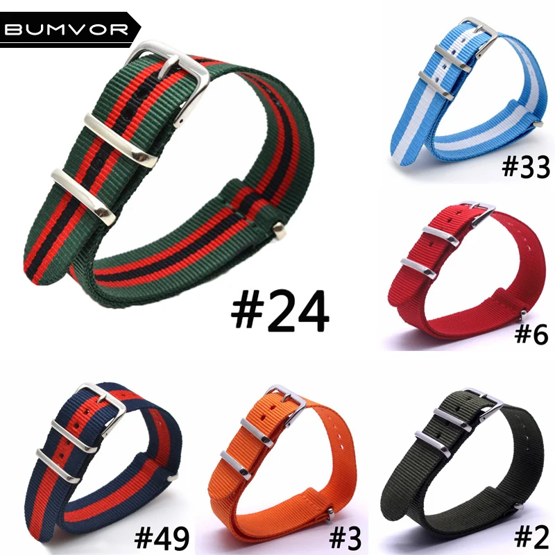  16- 24mm Wholesale Stripe Cambo Solid Black Watch Multi Color Army Military nato fabric Nylon watchbands Strap Bans Buckle