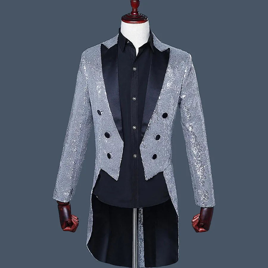 Custom Royal Blue Tailcoat  Men's Classic Suit Sequin Male Blazer Jacket Men Suit Stage Show Performance Tuxedo Prom 2 Pieces