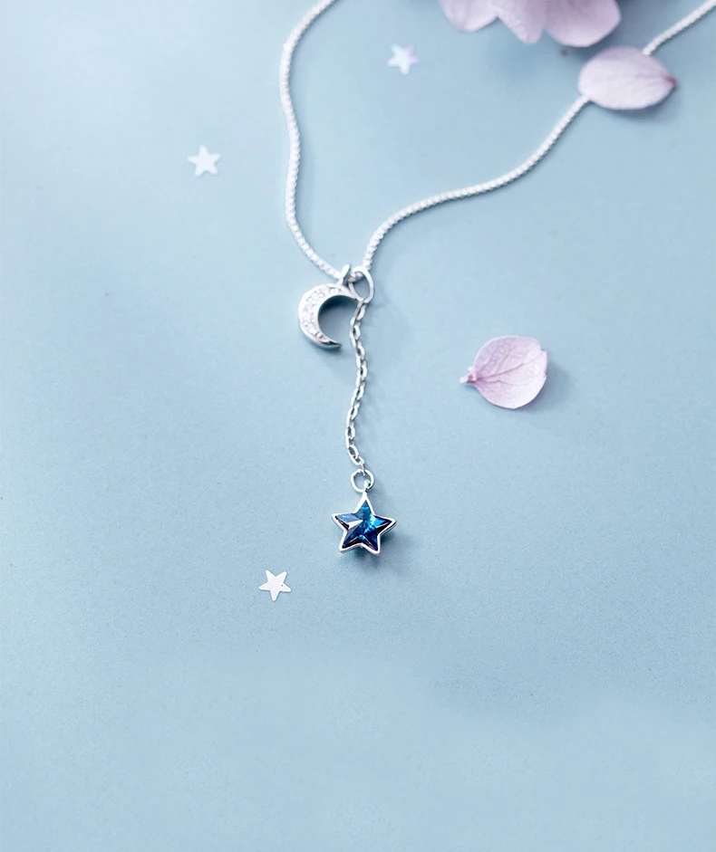MloveAcc Настоящее серебро 925 пробы коробка Цепи чокер для женщин синяя звезда и украшения в виде луны Кулон ожерелье