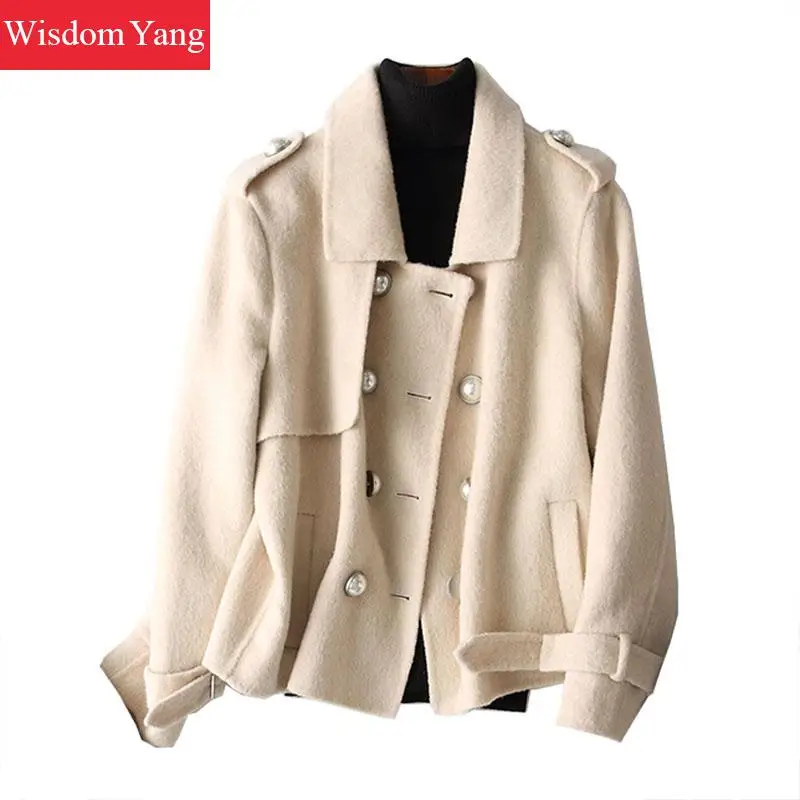 

Womens Beige Khaki Sheep Wool Alpaca Short Coats Jacket Winter Warm Woman Korean Elegant Woolen Overcoat Coat Tops Outerwear