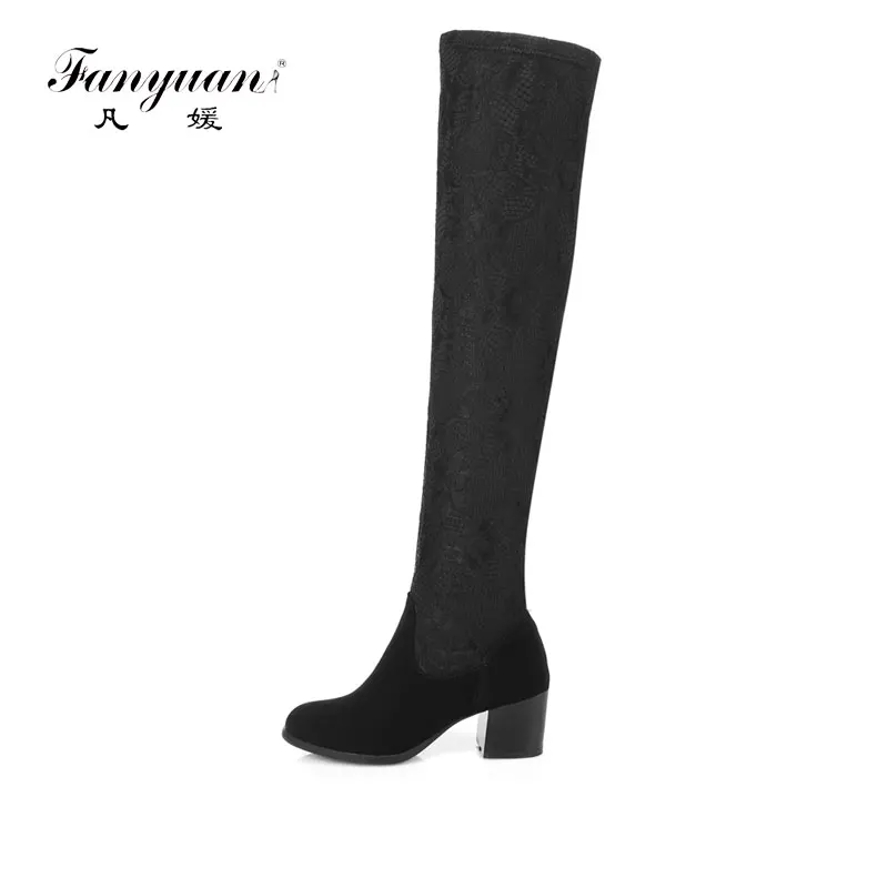 Fanyuan/милые женские стрейч Ткань Slim Leg Высокие сапоги модные Ботфорты Для женщин с