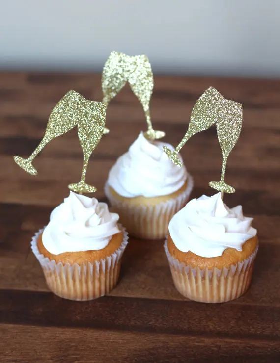 gold glitter Champagne glass cupcake toppers Bridal shower, birthday
