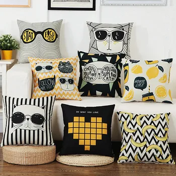 

Drop Ship Yellow Cat Pillow Cover Decorative Hello Cushion Cover Linen Cotton Pillow Sham Home Decor Throw Pillows Pillow case