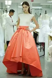 Тьмы де вечер Abendkleider элегантный Cap рукавом бальное платье с поясом с бантом оранжевый хай-лоу юбка вечерние платья 2016