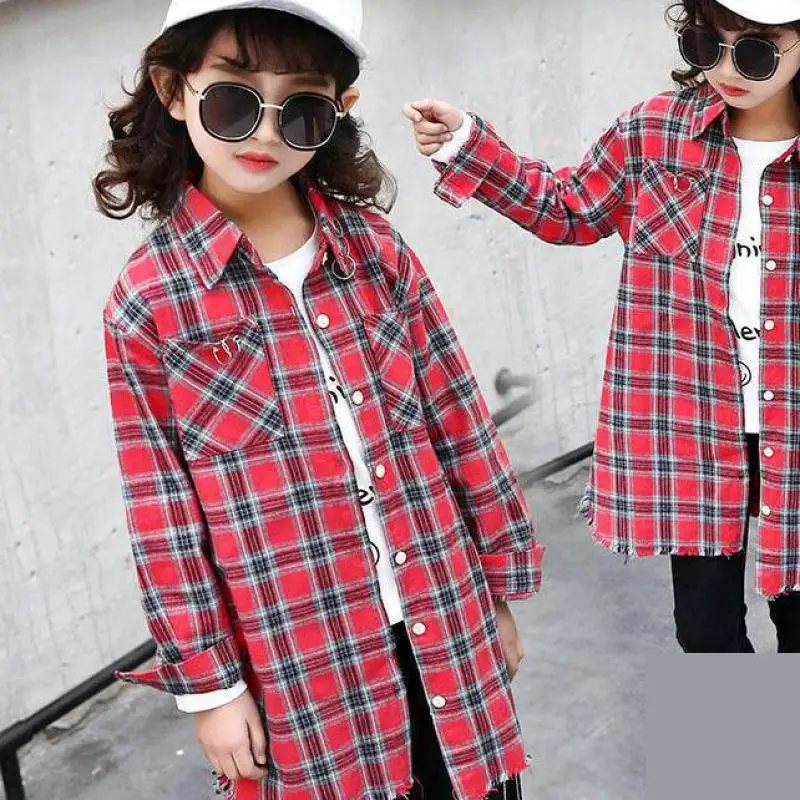 

2018 New Kids Plaid Shirts For Girls Long Sleeve Girls Blouses Autumn Children School Uniforms Students Tops 6 8 10 12 14 Years