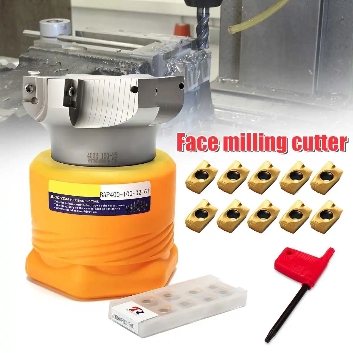 

BAP 400R-100-32-6F Indexable Lathe Tool Face Milling Cutter +10 APMT1604PDER Blades + Wrench