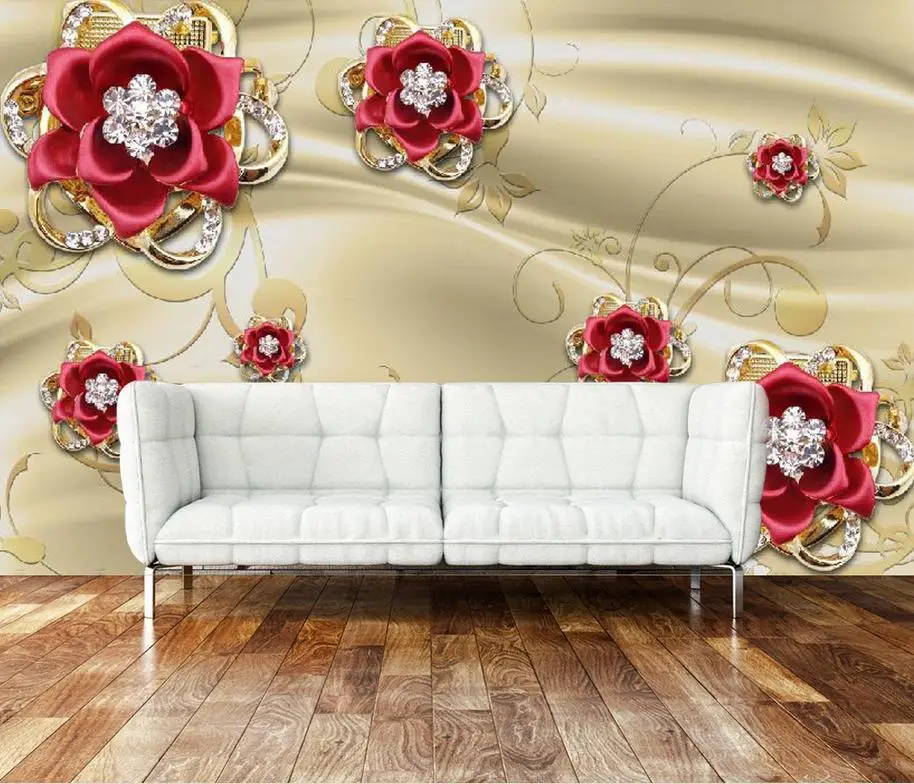 Home Decoration 3d wallpaper for room Golden Jewelry Diamond Red Rose classic painting | Обустройство дома