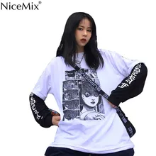 NiceMix Harajuku футболка Женская Лоскутная поддельная 2 шт. принт японский Fujiang Ужасы комиксы с длинным рукавом рубашка женская уличная одежда