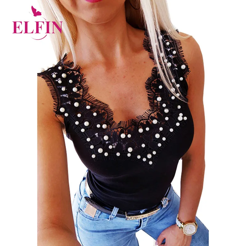 

Tshirt Femme V Neck Beaded Lace Patchwork T-shirt Women Summer 2019 Sleeveless Elegant Office Ladies Tops Korean Clothes SJ3310R