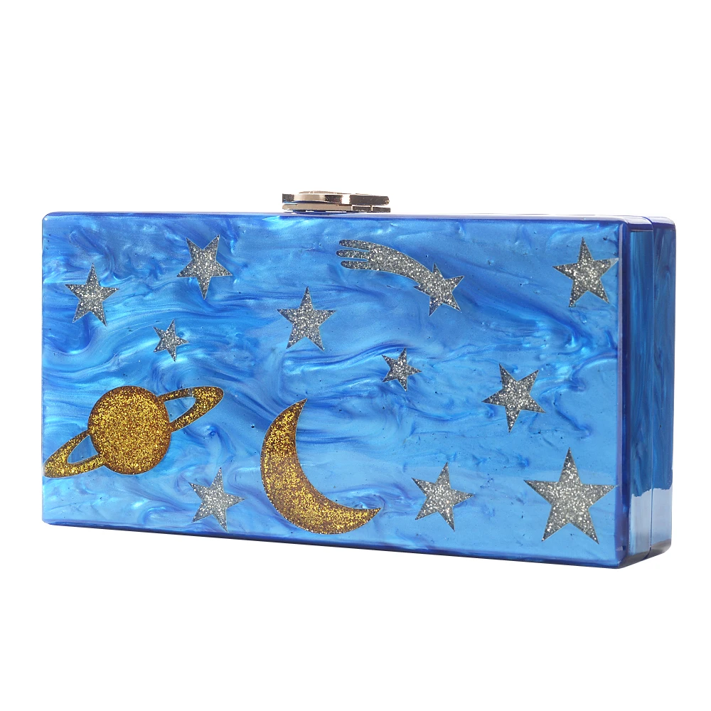 Women Acrylic Blue Night Sky Clutch Purse Evening Crossbody Bags Mini Shoulder Messenger Bag