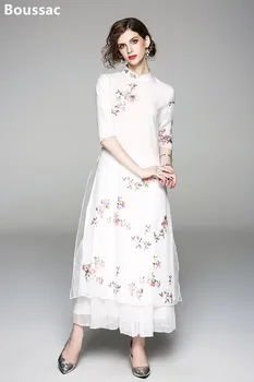 

Free shipping Summer original design Chinese tea style flower Embroidered big size silky organza cheongsam dress for women