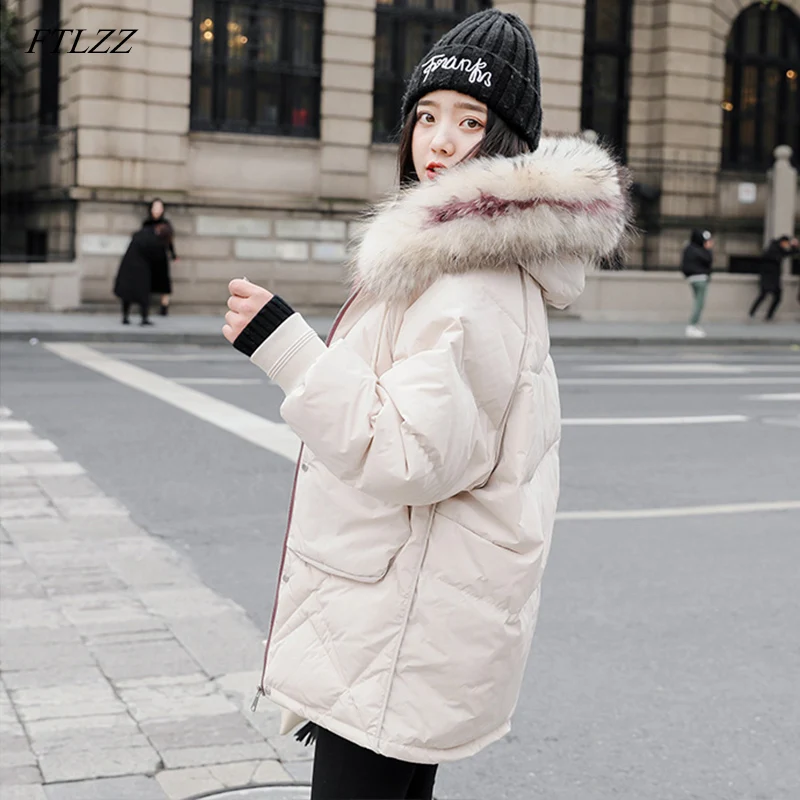 FTLZZ Women Winter Jackets White Duck Down Large Natural Raccoon Fur Hooded Parkas Warm Female Down Coat Snow Outwear