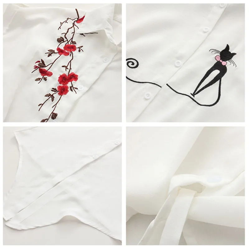 Freshness embroidery short Sleeve Women Blouses And Shirts White cat Female Ladies Casual Shirt Tops Plus Size Blusas Blouse