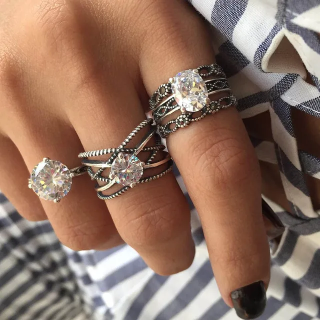 RAVIMOUR 3pcs Big Cubic Zircon Wedding Knuckle Rings for Women Silver Color Crys RAVIMOUR 3pcs Big Cubic Zircon Wedding Knuckle Rings for Women Silver Color Crys