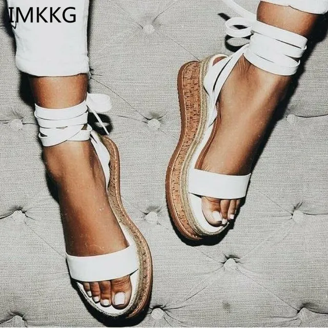 IMKKG Summer White Wedge Espadrilles Women Sandals Open Toe Gladiator Sandals Women Casual Lace Up Women Platform Sandals m364