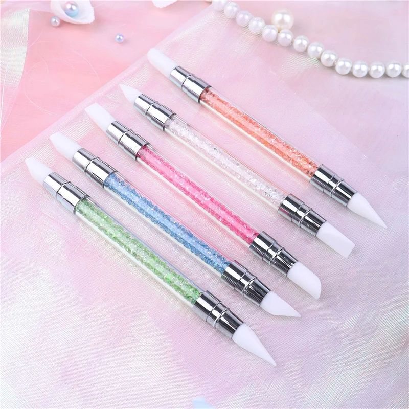 5pcs Silicone Head Carving Emboss Shaping Hollow Sculpture Manicure Dotting Pens 2 Way Rhinestone Crystal Nail Art Brush Pen