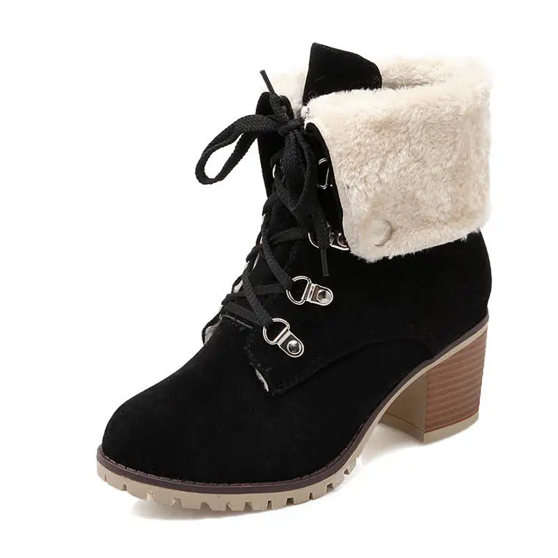 MORAZORA/Новинка года; Модные ботильоны; женские ботинки из флока на шнуровке с круглым носком; обувь на высоком квадратном каблуке; теплые зимние ботинки - Цвет: Черный