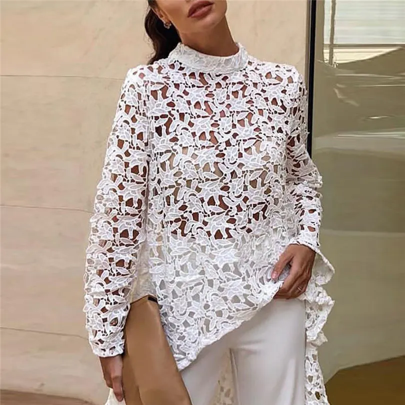 Fashion  Women Summer Lace Hollow Out Shirt Long Sleeve Irregular Tops Casual Daily Blouses Elegant Roll Sleeve Tops #4F11  (1)