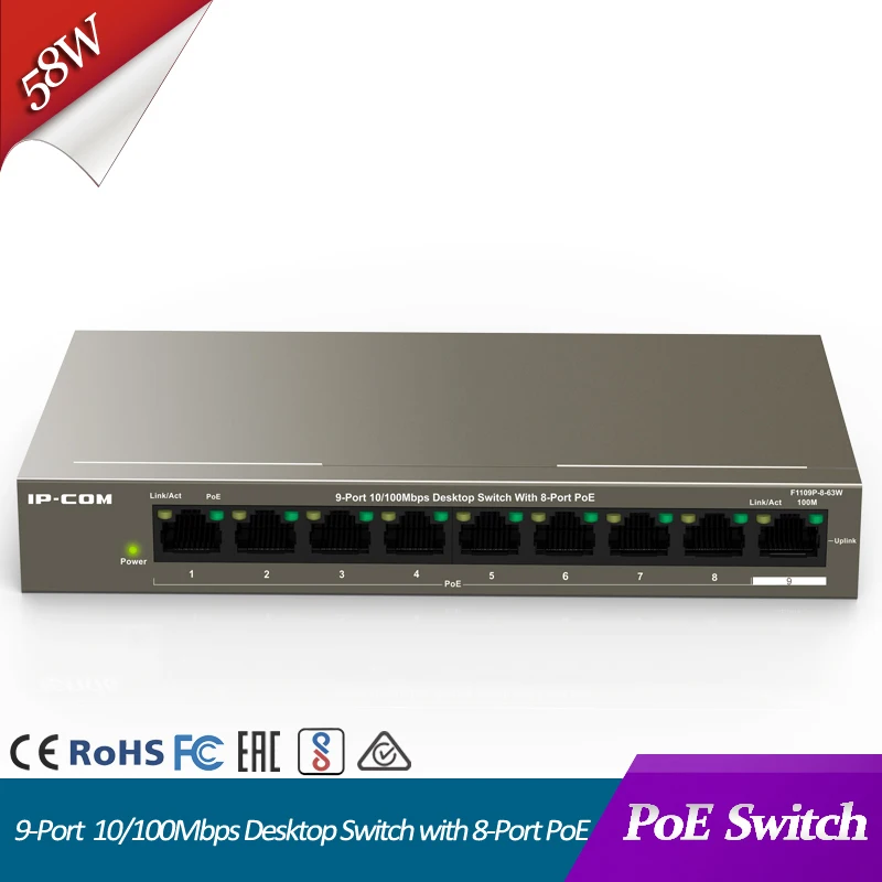 

PoE switch 9 Port Desktop Fast Ethernet Switch with 8 Port PoE lan ethernet hub rj45 One-key VLAN 802.3af/at PoE Ethernet Switch