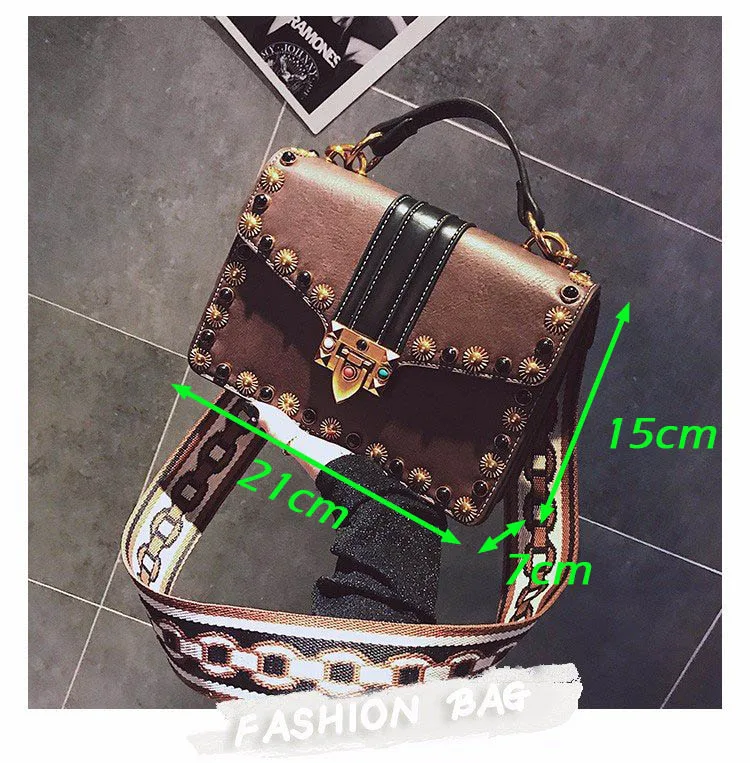 Women's Rivets Vintage Leather Crossbody Bag Small Black Brown Punk Handbag Lock Decoration Shoulder Bag Designer Cross Body Bag (2)