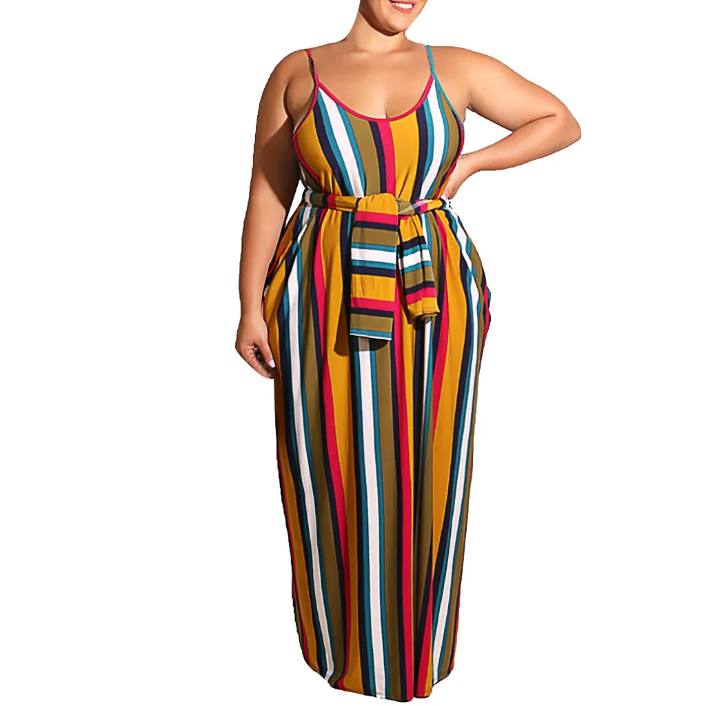 

Stripe Print maxi dress Plus Size XL-5XL Summer Women Sexy Sashes Easy Loose Camisole Long Sashes Dresses Elegant lady dress