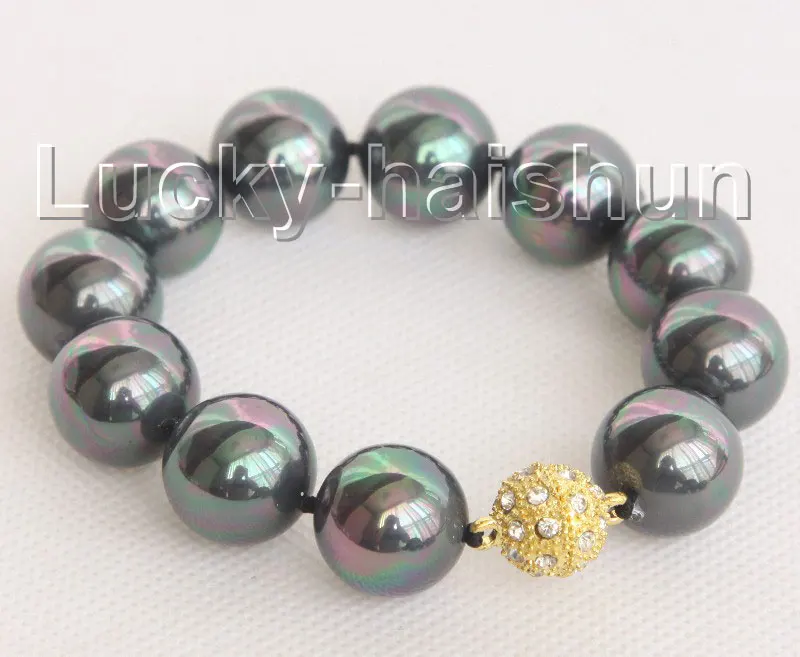 

shipping>>>>8" 16mm round peacock black south sea shell pearls Bracelet magnet clasp j10443 5.24