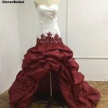 white and maroon wedding dress