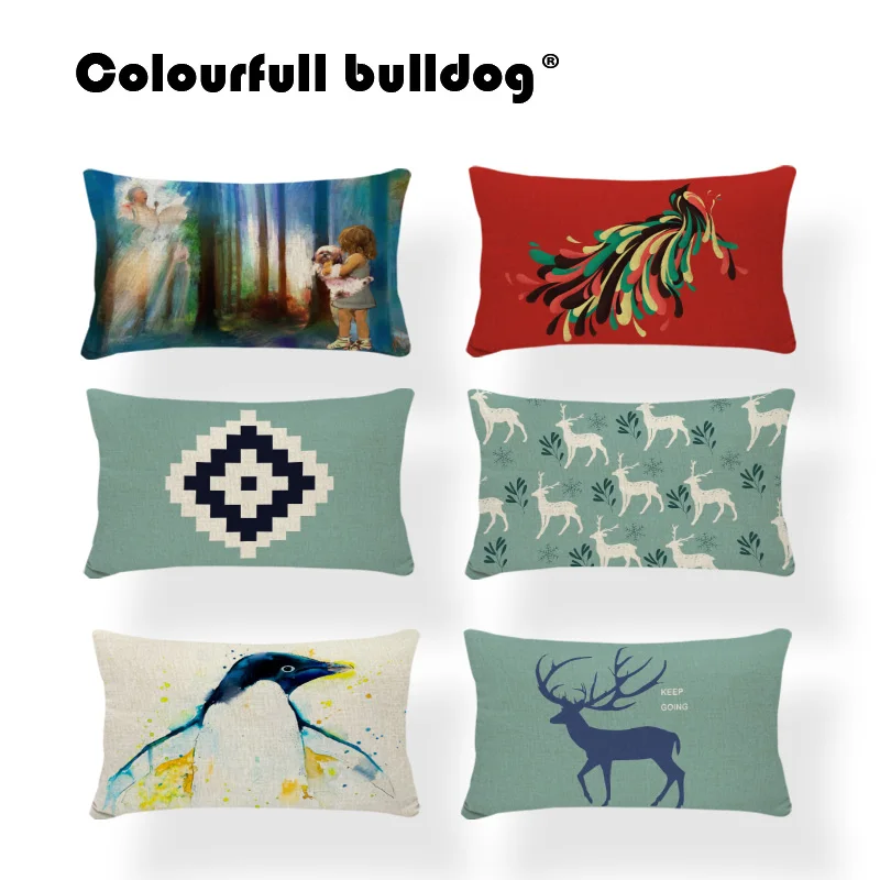 

Watercolor Deer Cushion Covers Schnauzer Pillow Case Cover Geometry Green Plaid Tweed Penguin Forest Dakimakura Rectangle Linen