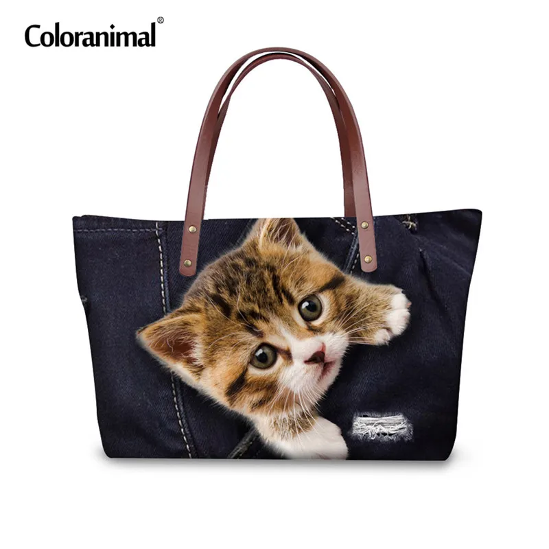 Coloranimal, роскошная женская сумка, 3D, черная, Джинсовая, с принтом, женские большие сумки, милые животные, кошка, собака, мопс, тоут, сумки на плечо для дам - Цвет: CC3320AL
