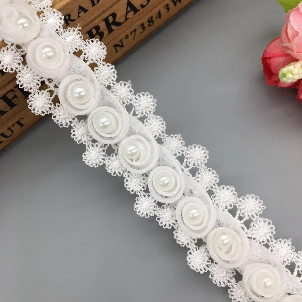 1 Yard 3D Flower Tassel Fringe Pearl Lace Edge Trim Ribbon 9 cm Width Vintage Style Pink Edging Trimmings Fabric Embroidered Applique Sewing Craft Wedding Dress Embellishment DIY Clothes Embroidery