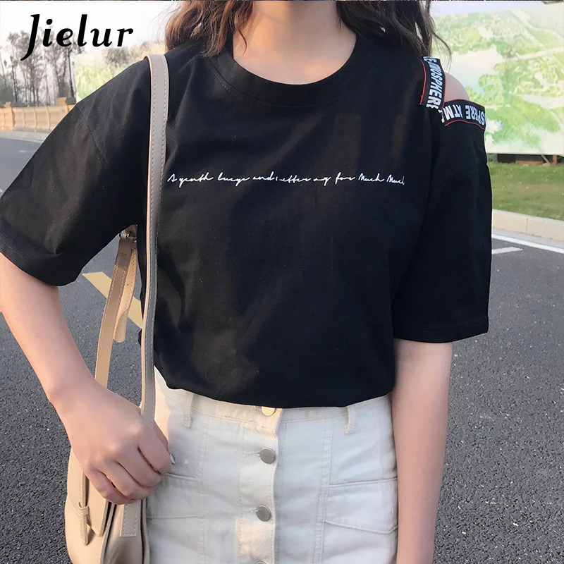 

Jielur T Shirt Women Letters Hole Short Sleeve Harajuku Summer Top Femme Loose Hollow Kawaii Girl Black S-XL White Tshirt Woman