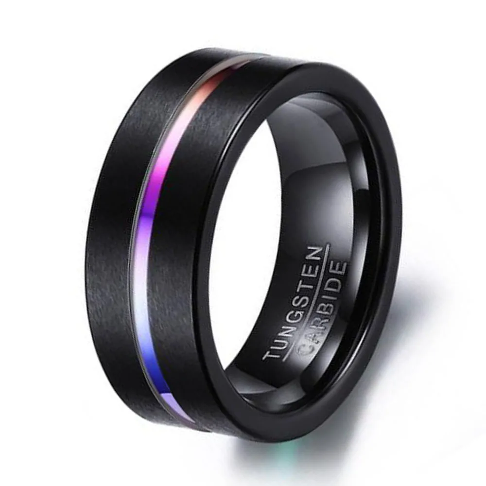 8mm Men's Black Tungsten Carbide Wedding Ring with Rainbow Comfort Fit