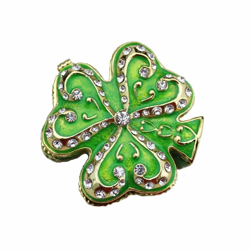 YAFFIL Jewelry Box Green Clover Crystal Rhinestone Antique Alloy Jewel Case Ring Earring Necklace Storage Holder | Украшения и