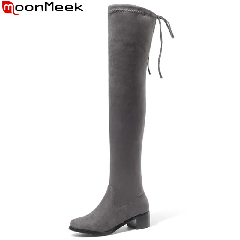 

MoonMeek black fashion over the knee boots women round toe cross tied med heels boots flock thigh high boots big size 33-43