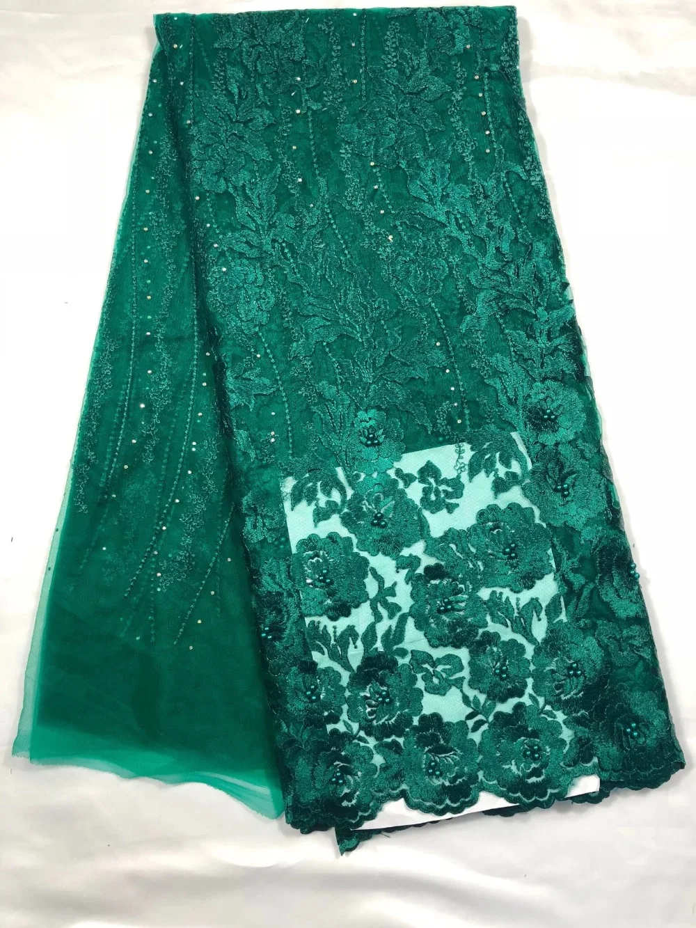 

Water Green 3D French lace with Applique Flowers 5 yards/lot 2019 latest design African Lace Fabric For Wedding Dress
