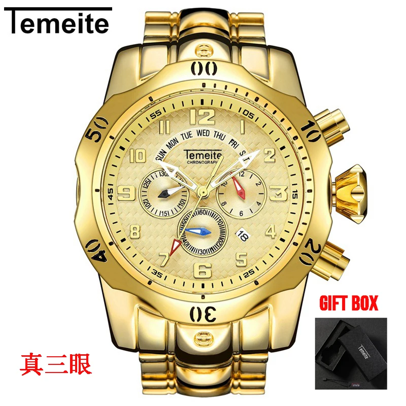 Temeite Роскошные брендовые Дизайнерские мужские часы золотые кварцевые часы для мужчин спортивные водонепроницаемые мужские наручные часы Relogio Dourado Masculino - Цвет: Temeite 2 with box