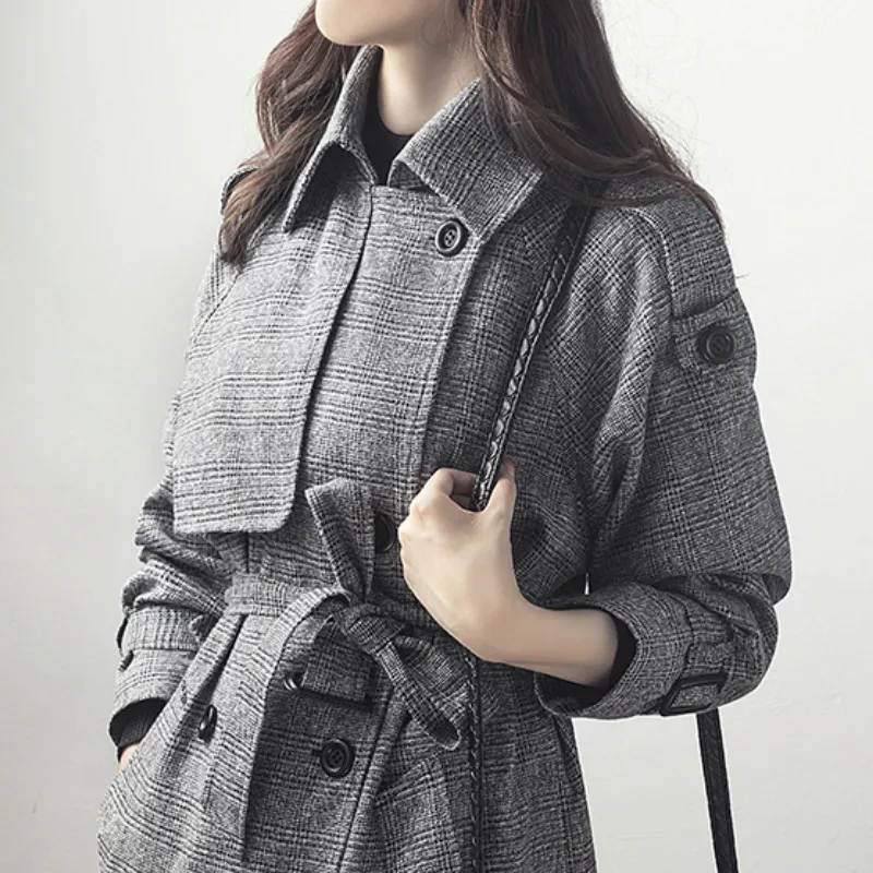 Gaganight Plaid Women Autumn Winter Trench Coat Warm Thick Single Breasted Long Coat Female Elegant Chic Sashes Outwear