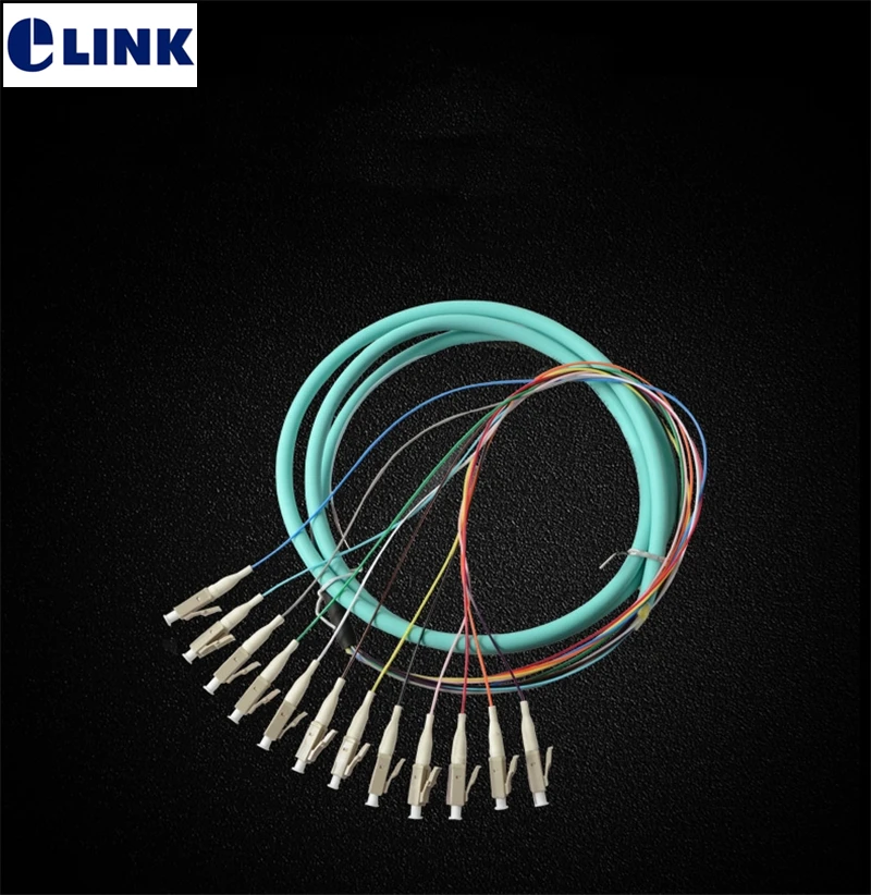 fiber pigtails 12core LC/UPC OM3 1.5mtr aqua 40G bundle cable A class ferrule 12 port ftth optical fibre factory ELINK