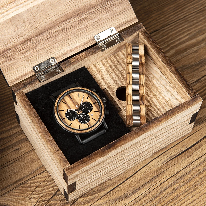 BOBO BIRD Wooden Men Watch and Wood Bracelet Quartz Wristwatches Timepiece Chronograph Luminous Relogio Masculino In Box V-P09