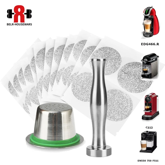 Special Offers  Stainless Steel 2pcs Refillable Nespresso Coffee Capsule Reusable Capsules with 50 Aluminum Foil Seals Espresso Coffee Maker