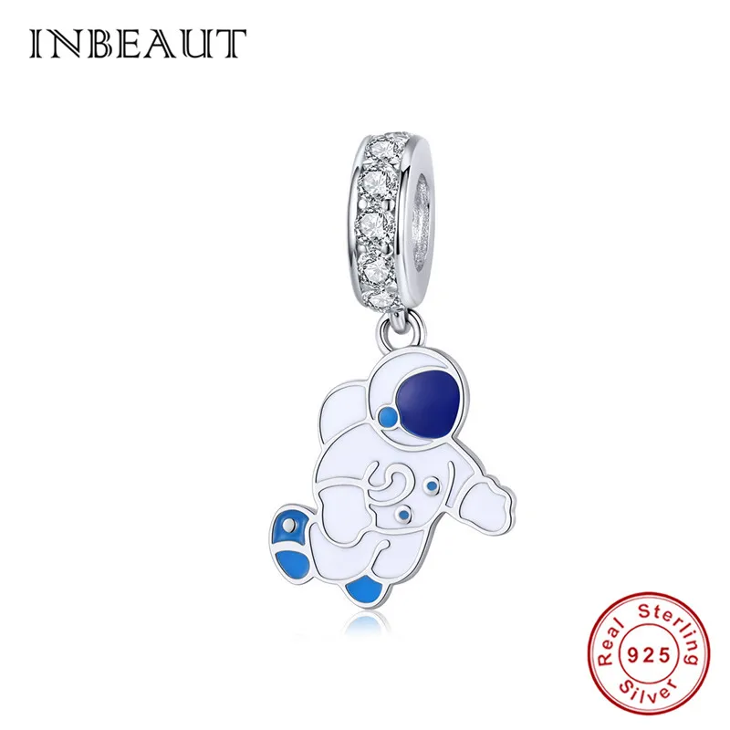 

INBEAUT 100% Real 925 Sterling Siver Cute White Spaceman Charm CZ Enamel Childreen Space Dream Beads fit Pandora Bracelet Gift