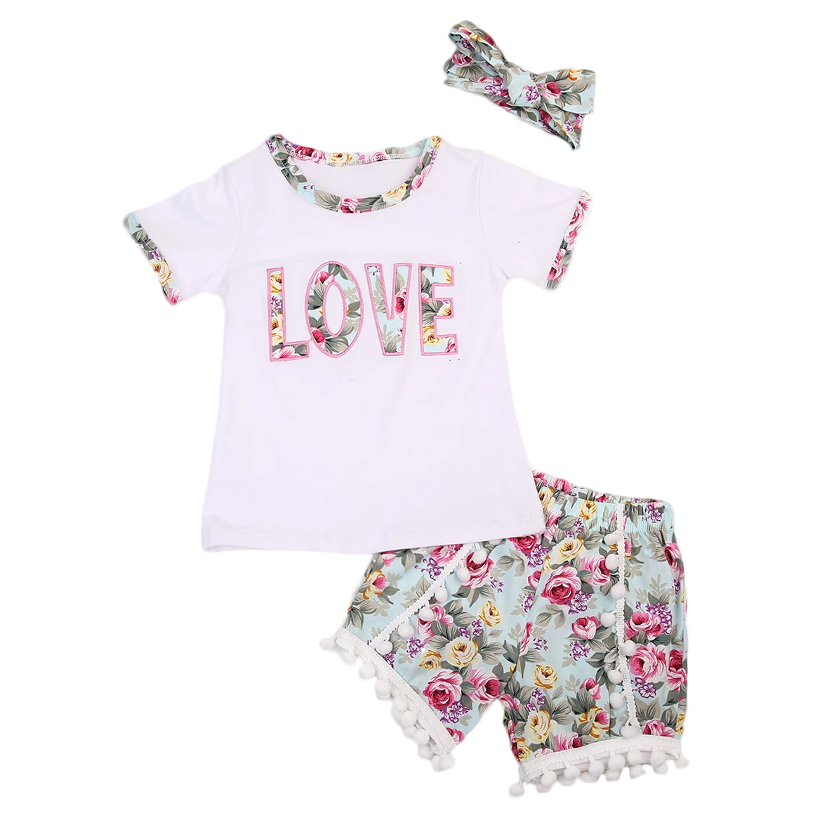

Summer 3 Pcs Toddler Kids Baby Girl Letter Floral T-shirt Top+Flower Shorts+Headband Clothing Set Outfits