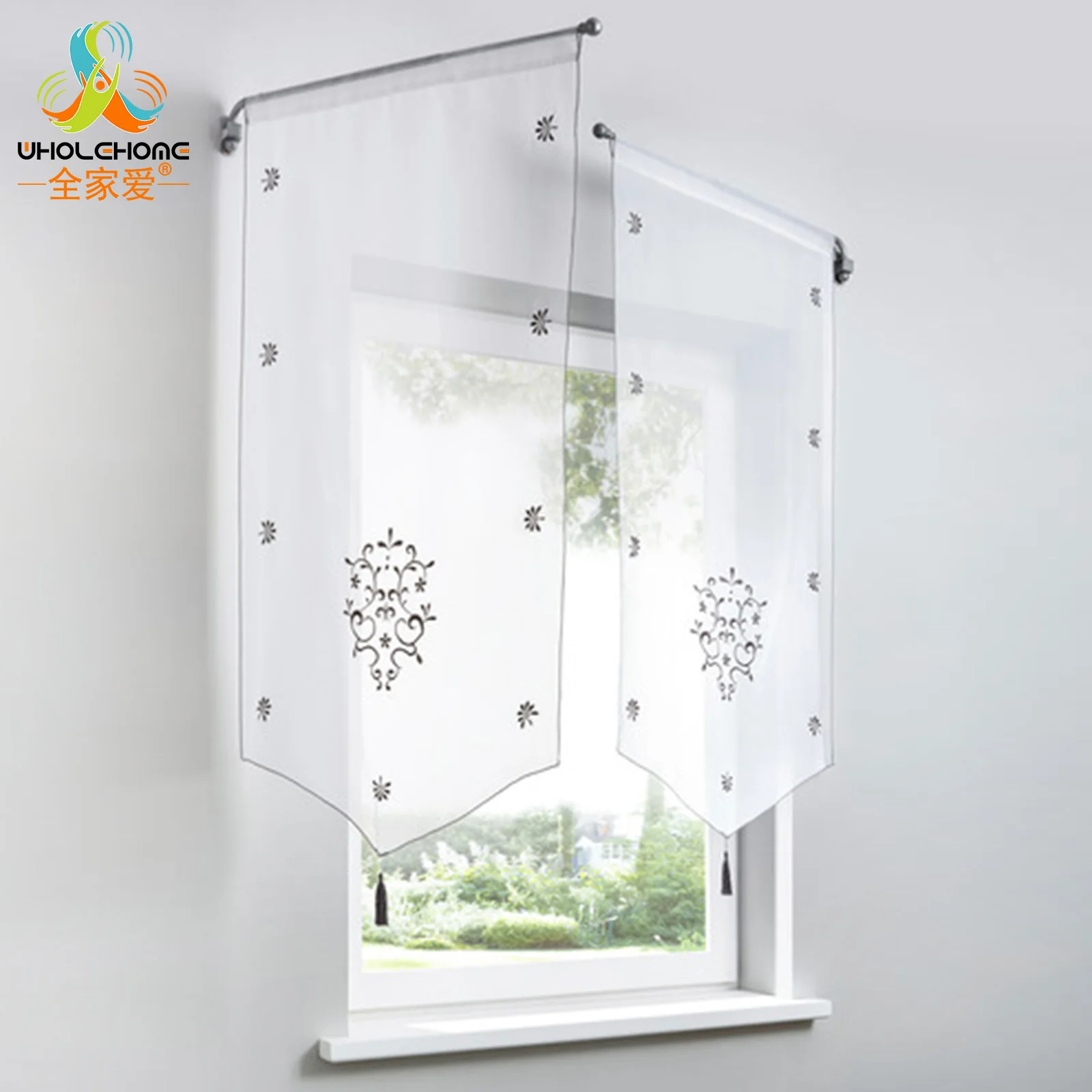 

Vintage Embroidered Voile Curtain Drape Ready Made Rod Pocket Type Valance Panel for Kitchen Window Home Curtain Decor